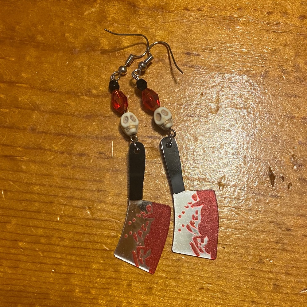 Red and Silver Skull Cleaver Earrings